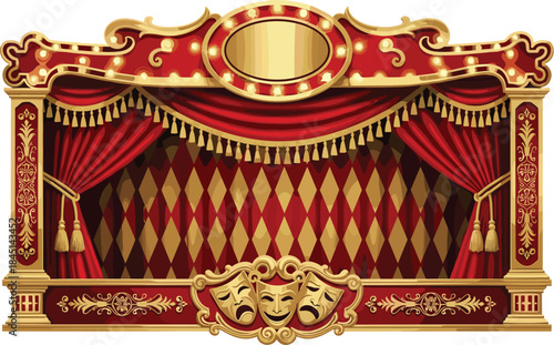 Ornate Red and Gold Theatre Stage Frame Vector Illustration, Marquee Lights, Harlequin Backdrop, and Tragedy Comedy Masks, Classic Entertainment Banner Design for Show and Circus