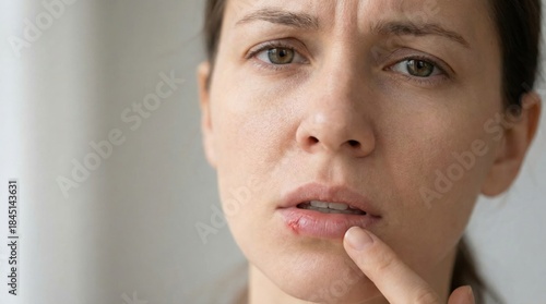 Woman with stomatitis on her lip, symbolizing oral health issues, mouth sores, and discomfort caused by inflammation