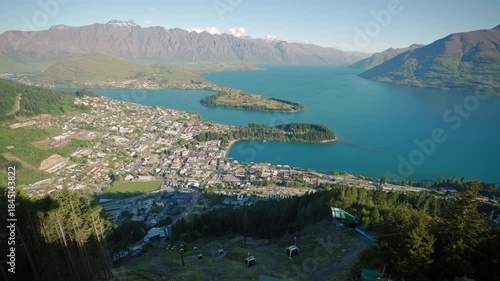 4K Video of Queenstown Panorama at golden hour, New Zealand, South Island. View from Queenstown Skyline, main attraction in the alpine city. Queenstown, New Zealand.