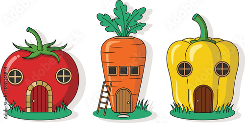 Whimsical vegetable houses, tomato, carrot, bell pepper, fantasy dwellings, creative architecture, children’s storybook scene, colorful vector illustration, imaginative home design