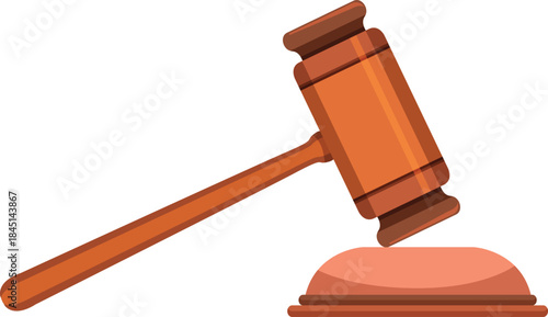 Wooden gavel with sound block, justice symbol, courtroom authority, legal decision-making, law enforcement icon, vector illustration for legal content