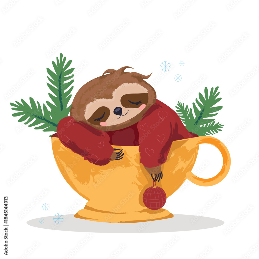Naklejka premium Cute vector illustration of a sleeping sloth curled in a cup, holding a Christmas ball, with festive tree branches on a clean white background.