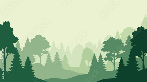 A clean green forest silhouette background featuring layered tree shapes