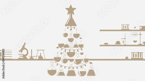 Brown christmas tree made of laboratory equipment on a clean white background with scientific tools on shelves
