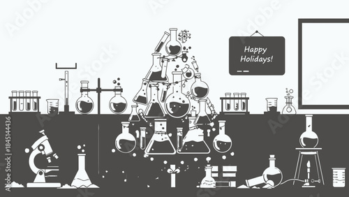 Black and white illustration of a cluttered laboratory workbench with various scientific equipment including beakers flasks and a microscope with a happy holidays sign