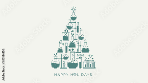 Christmas tree made of laboratory equipment and science glassware with happy holidays text, a festive laboratory themed holiday greeting card