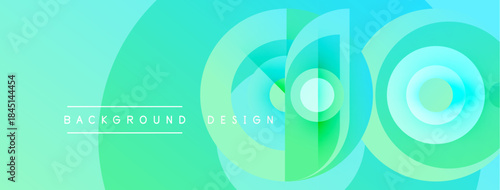 Abstract turquoise layers create dynamic background. Circular shapes overlap, forming modern design elements. Smooth gradients offer visual interest.
