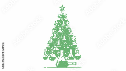 Green christmas tree made of laboratory glassware and equipment, decorated with star on top, chemistry lab themed holiday decoration