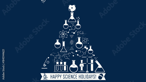 White laboratory equipment christmas tree on dark blue background with happy science holidays banner