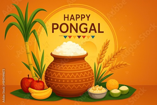 Happy Pongal harvest festival illustration with traditional clay pot, sugarcane, fruits, rice and warm festive background