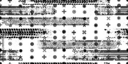 Tire track, snowflakes seamless pattern. Grange winter tread marks .Grunge textured vector car tread .Car trails endless pattern texture. Tyre track seamless texture. Wheel tire tread track background