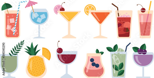 Assortment of Colorful Summer Cocktails and Drinks Flat Illustration Keywords: cocktail, drink