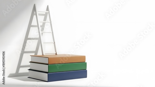Stack of books with ladder against white wall minimalist education concept