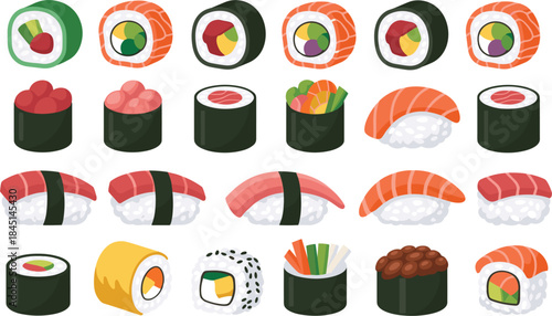 Assortment of Sushi Rolls and Nigiri in Flat Design Style maki sashimi