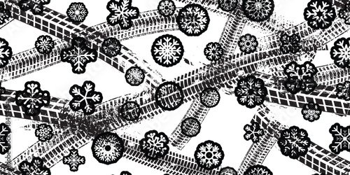 Tire track, snowflakes seamless pattern. Grange winter tread marks .Grunge textured vector car tread .Car trails endless pattern texture. Tyre track seamless texture. Wheel tire tread track background