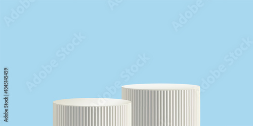 Podium blue bg, 3d sale limbo product stage. Cylinder display platform, discount promotion studio, pastel light sky. White pillar cosmetic stand, abstract pedestal grey stair table. Award scene banner