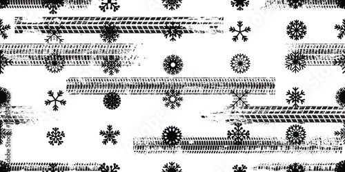 Tire track, snowflakes seamless pattern. Grange winter tread marks .Grunge textured vector car tread .Car trails endless pattern texture. Tyre track seamless texture. Wheel tire tread track background