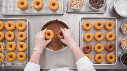 Hands of a confectioner making doughnuts in a pastry shop
