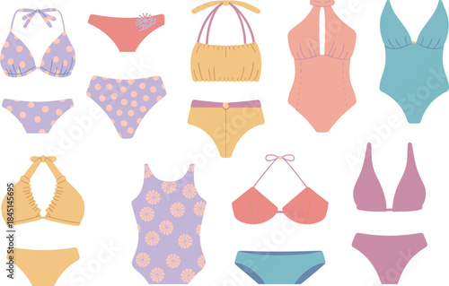 Assortment of women's swimwear and bikini sets on white background swimsuit one-piece