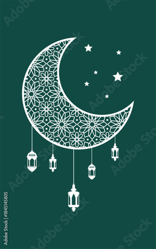 Illustration of islamic cresscent moon with hanging lantern and stars green background