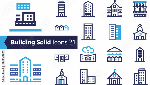 Collection of various building solid icons depicting diverse architectural styles