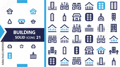 Collection of diverse building and house icons in solid blue tones