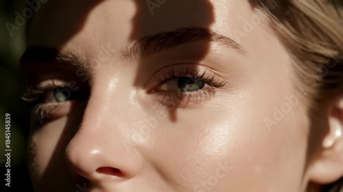 Extreme closeup of womans closed eye with leaf shadow. Sunlight filtering through foliage on fair skin. Natural beauty portrait capturing serenity and outdoor tranquility in fine art style.