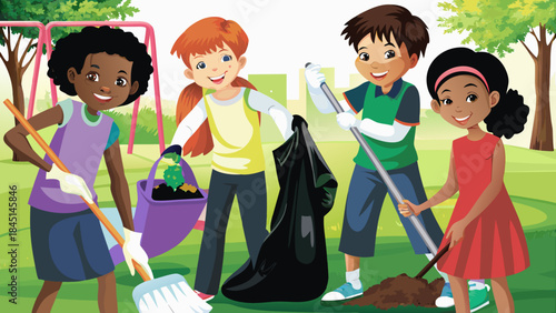 Children volunteering together cleaning up a park with gardening tools