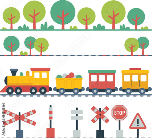 Cartoon Train and Railway Crossing Elements on White Background locomotive carriage