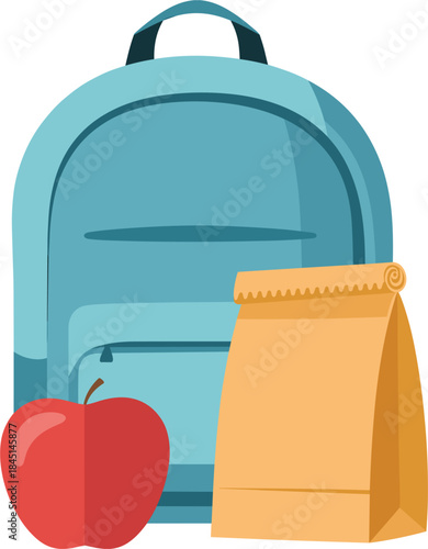 Blue backpack with apple and lunch bag on white background Keywords: backpack, school bag