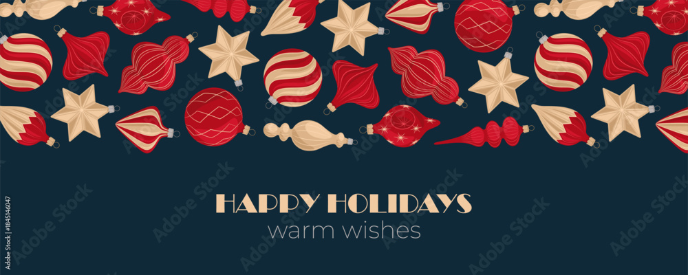 Obraz premium Festive Christmas Banner with Retro Ornament top border and warm wishes on dark blue background