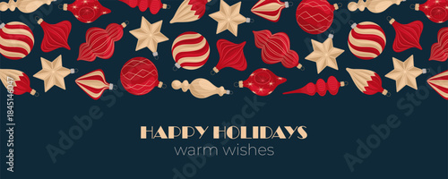 Festive Christmas Banner with Retro Ornament top border and warm wishes on dark blue background