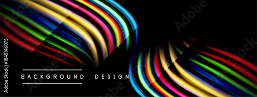 Abstract colorful waves form dynamic shapes against black backdrop. Modern design elements create visual interest.