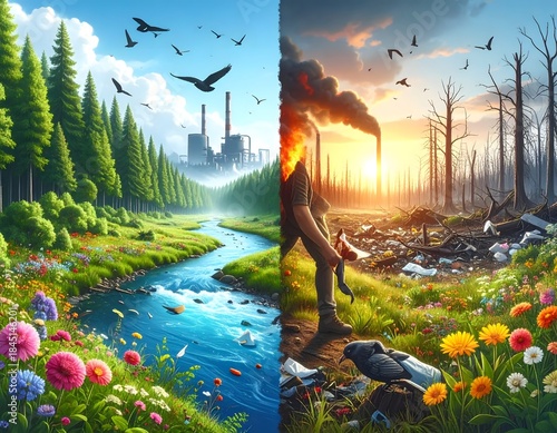 Environmental contrast showing pure nature beside polluted industrial wasteland high resolution picture