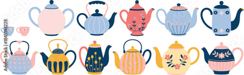 Collection of decorative teapots and cups in various styles on white background beverage