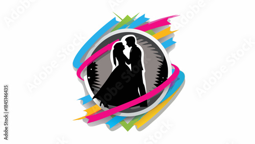 Colorful abstract silhouette of romantic couple embracing in circular frame with vibrant brush strokes