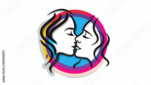 Colorful illustration of two women's faces touching noses in a circular frame with vibrant multicolored hair