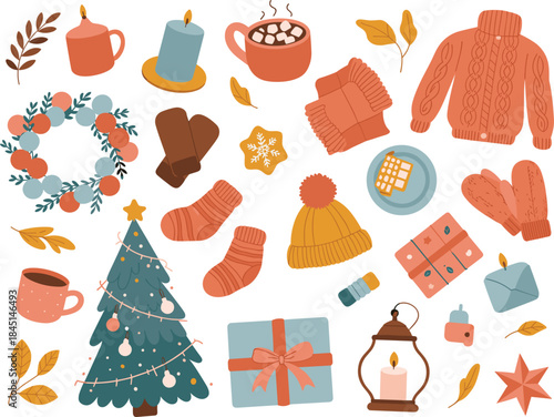 Cozy Winter Holiday Elements with Christmas Tree and Sweaters Keywords: winter, holiday