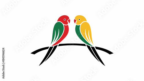 Two colorful parrots sitting on a black branch looking at each other vibrant green red and yellow plumage
