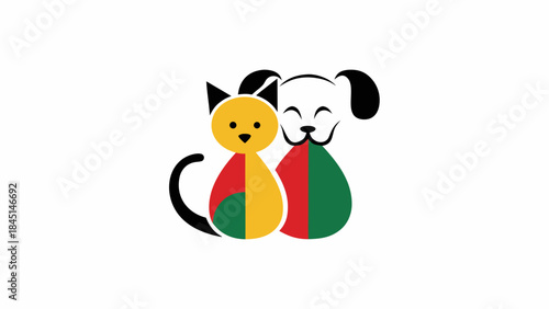 Colorful illustration of a cat and dog sitting together in a modern flat design style with vibrant red green