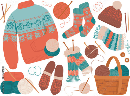 Cozy Winter Knitting Supplies and Apparel Flat Illustration Keywords: knitting, yarn, wool