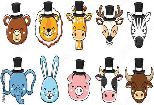 PrintCute Animal Heads Wearing Black Top Hats Vector Illustration Set, Cartoon Style Gentleman Zoo Characters for Kids Design, Bear, Lion, Giraffe, Elephant, Rabbit, Pig, Cow, Bull, Deer, Zebra.