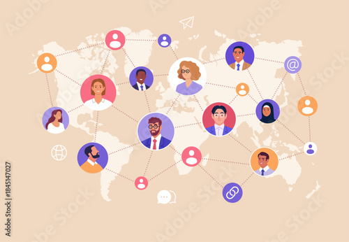 Business Networking. Vector illustration of a global business network with diverse people connected across world map. Concept of communication, partnerships, and online connections.