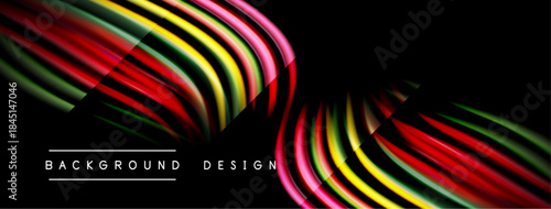 Abstract colorful waves flow across black background. Modern design elements create dynamic visual impact. Smooth gradients enhance aesthetic appeal.