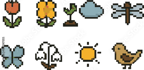 spring with pixel art, eps 10 illustration