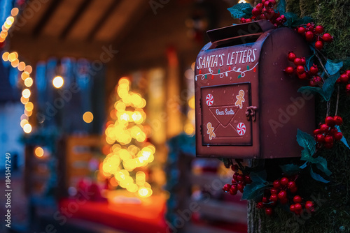 Santa letter box. Write to Santa. A festive mailbox labeled 