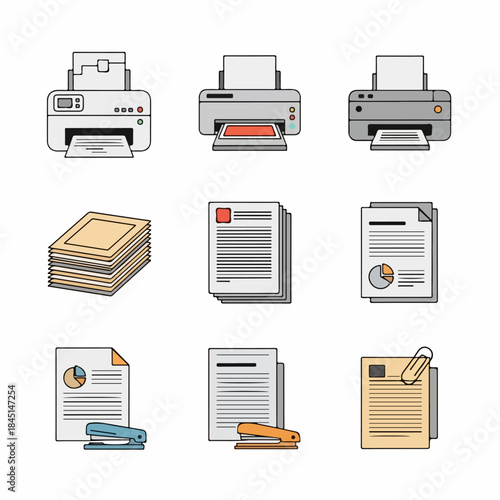 Office and Printing Icons Set: Documents, Printers, Staplers, and Paperwork Tools in Flat Style.