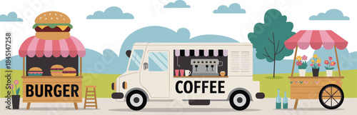 Outdoor Food Stalls with Burger and Coffee Trucks and Flower Cart Keywords: food truck, coffee
