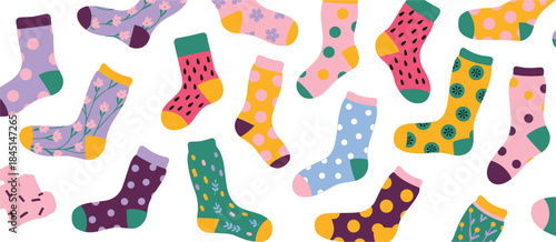 Seamless Pattern of Cute Socks with Various Patterns and Colors Keywords: socks, pattern