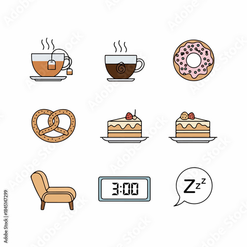 Cozy break time vector icons set featuring hot drinks, sweet treats like cake and donuts, a comfy armchair, and a digital clock displaying 3:00.